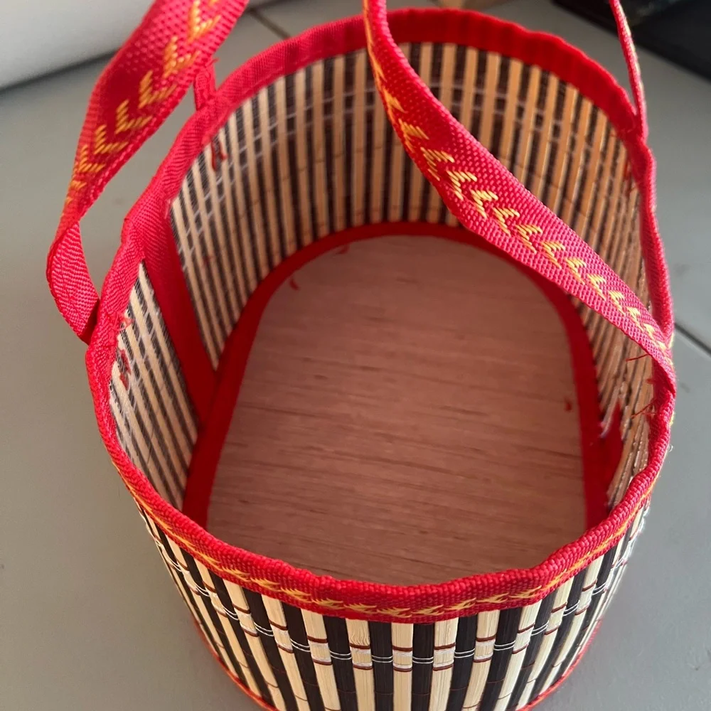 Woven Bamboo Basket with Red Handles | Boho Cottagecore Decor Storage